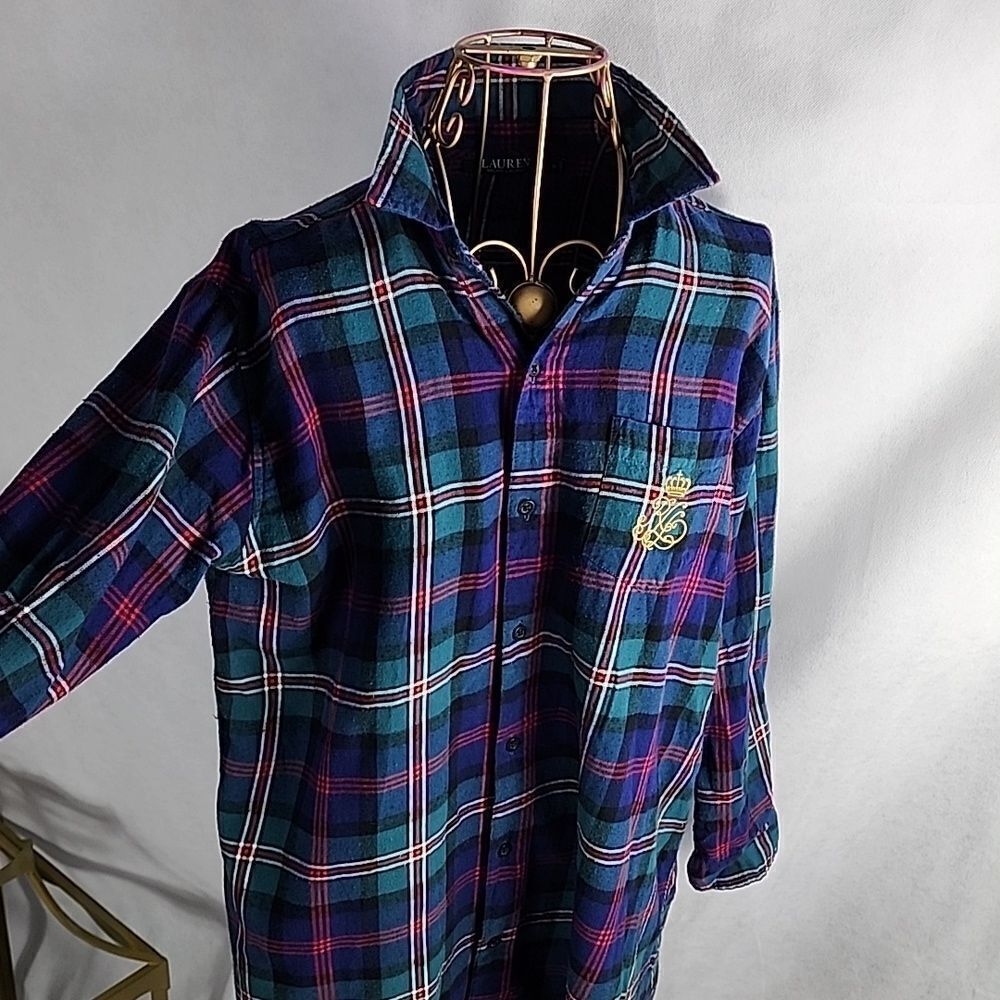 Ralph Lauren Plaid Flannel Night Shirt with embroidered R L crown